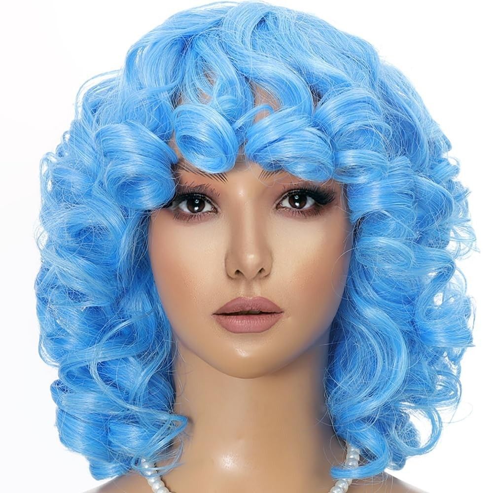 Curly Wig, Short Afro Wigs with Bangs - BLUE, 14inch
